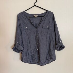 Women’s L LOFT Lightweight Grey Button Up Blouse W Pockets 3/4 Sleeve Spring